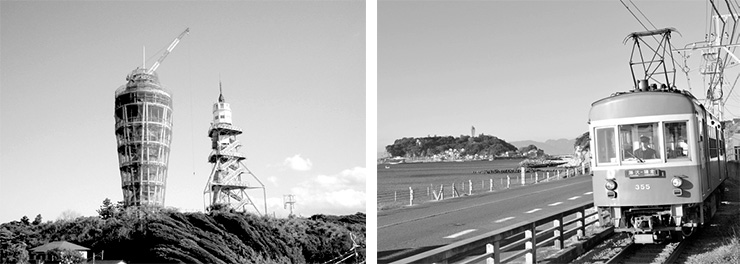 江の島の展望灯台の建て替えで、新旧2 つの灯台が並んだ貴重な姿。「江ノ島電 鉄フォトコンテスト」に寄せられた作品。