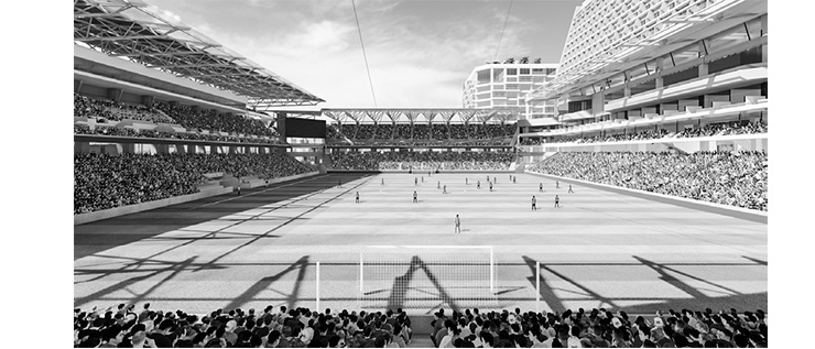 長崎駅から徒歩10分の場所にサッカースタジアム・アリーナ・商業施設・ホテル・オフィス・教育施設・駐車場などを建設する「長崎スタジアムシティプロジェクト」を進行中。