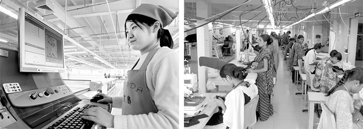 バブル崩壊期、小島衣料として初めて海外縫製工場を設立（中国湖北省黄石市）。現在は、バングラデシュやASEAN 諸国で縫製を行っている。
